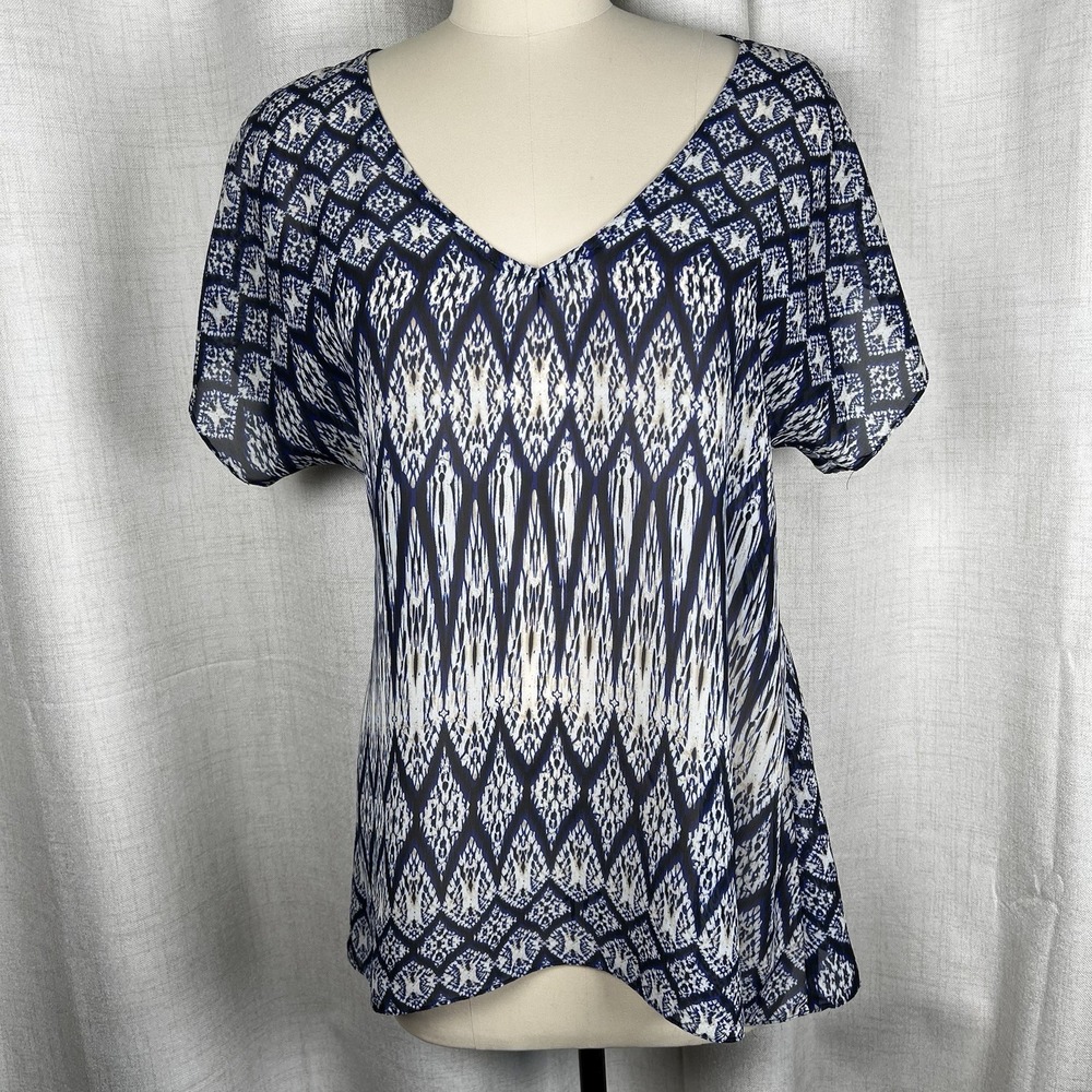 Vintage Y2K Show Me Your Mumu Sheer Top Womens Small Blue Geometric Made in USA